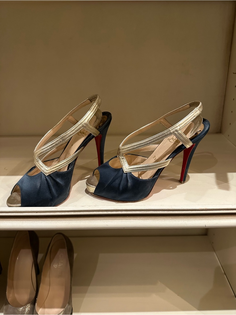 Louvoutin Royal Green and Gold Open-Toe Slingback High Heels